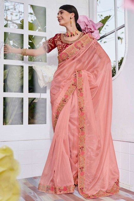 Pink Saree in Embroidered Organza