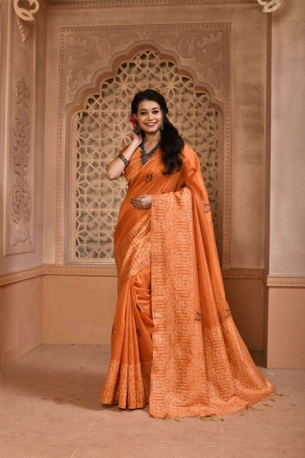 Saree Raw silk in Orange with Weaving