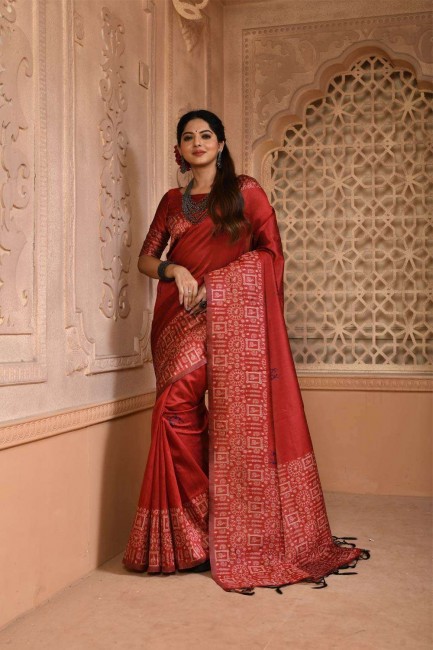 Raw silk Saree with Weaving in Red