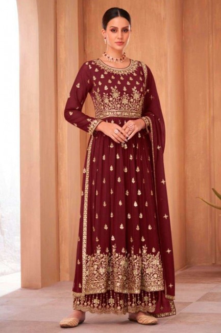 Georgette Embroidered Pakistani Suit in Maroon with Dupatta