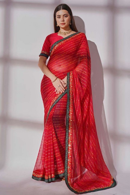 Embroidered,printed,lace border Georgette Red Saree with Blouse
