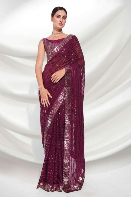 Embroidered Georgette Saree in Wine  with Blouse
