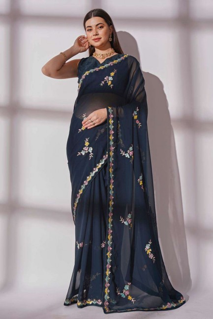 SareeTeal   with Embroidered Georgette
