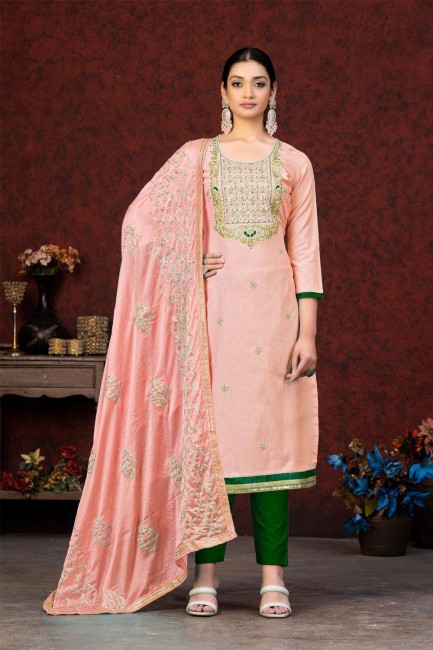 Cotton Salwar Kameez in Peach with Embroidered