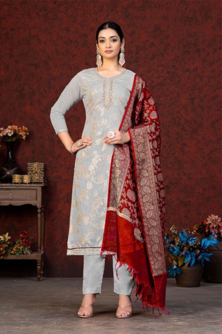 Salwar Kameez in Grey Banarasi silk with Weaving