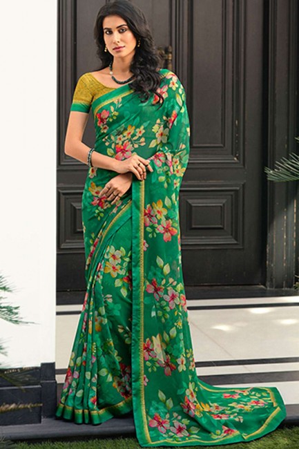 Green Georgette Saree with Printed,lace border
