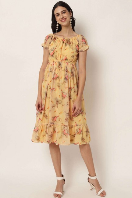 Georgette Indow Western Kurti with Printed in Yellow