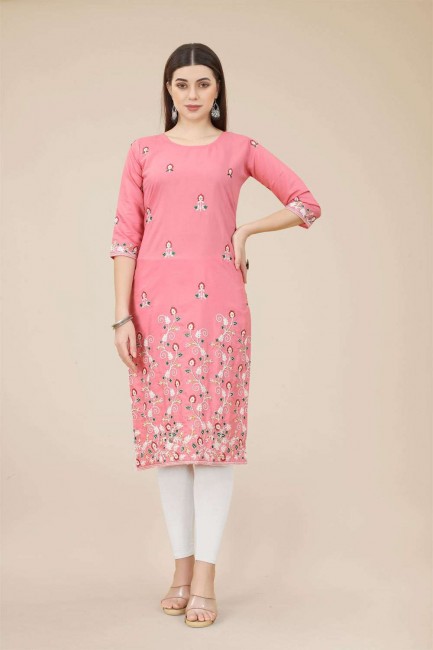 Chinon chiffon Straight Kurti in Pink with Embroidered