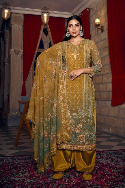 Mustard  Palazzo Suit in Printed Georgette