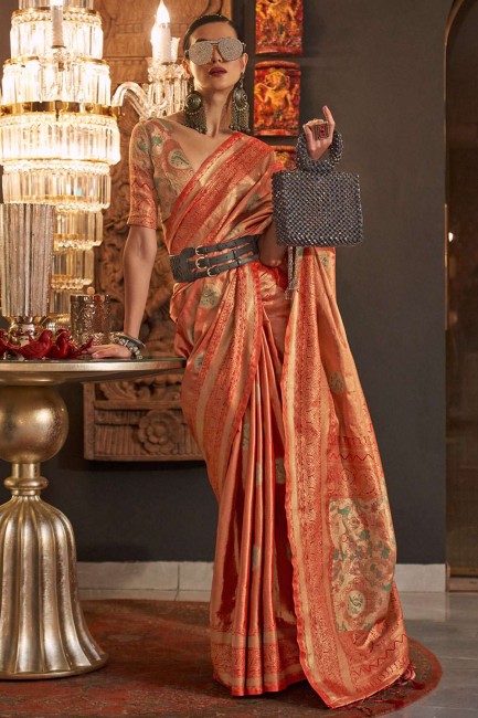 Rust Saree in Weaving Handloom silk