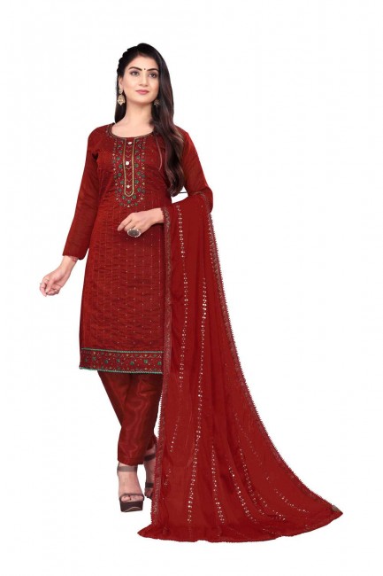 Cotton Salwar Kameez with Embroidered in Maroon