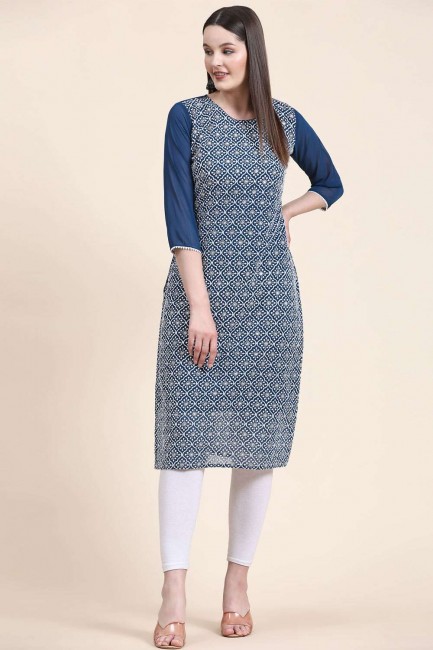 Embroidered Georgette Straight Kurti in Teal blue