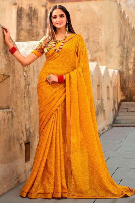 Georgette Saree with Printed,lace border in Yellow