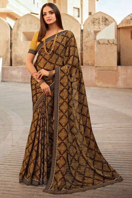 Printed,lace border Georgette Saree in Brown with Blouse
