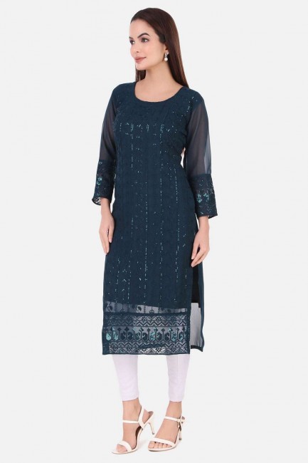 Georgette Straight Kurti with Embroidered in Teal blue,white