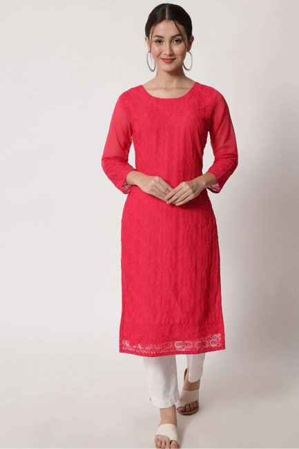 Pink Straight Kurti in Embroidered Georgette