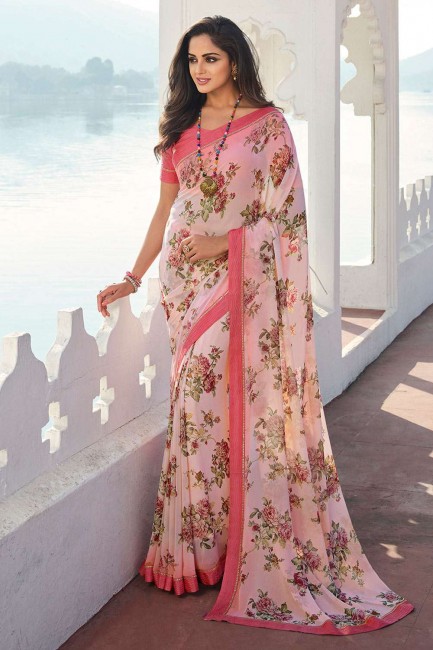 Georgette Off white Saree in Printed,lace border