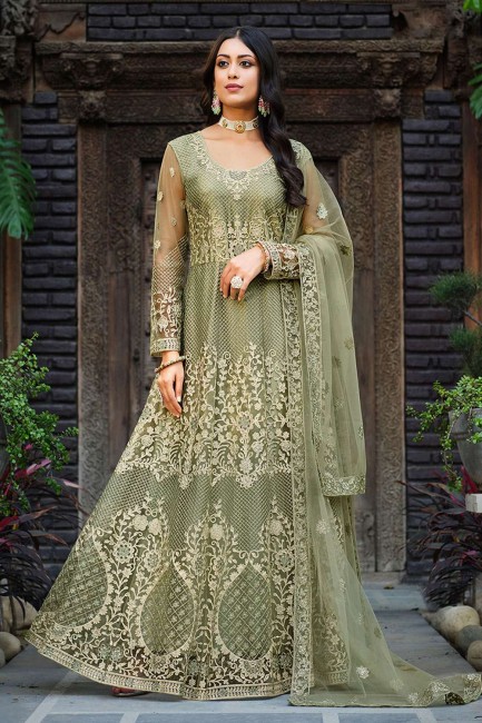 Net Embroidered Anarkali Suit in Pista