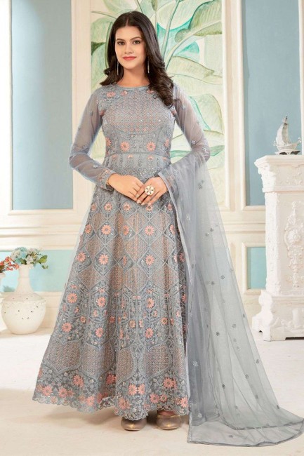 Embroidered Net Grey Anarkali Suit with Dupatta