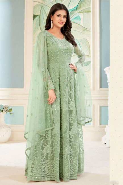 Anarkali Suit in Green Net with Embroidered