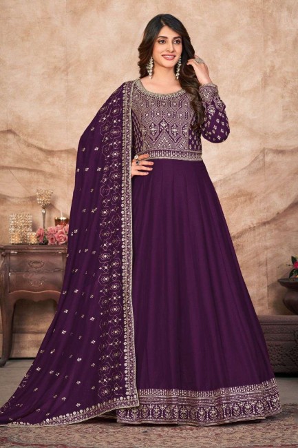 Embroidered Anarkali Suit in Purple Art silk