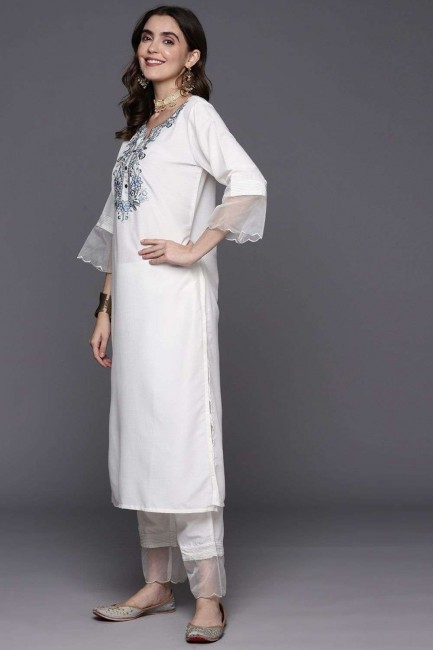 White Salwar Kameez in Viscose with Embroidered