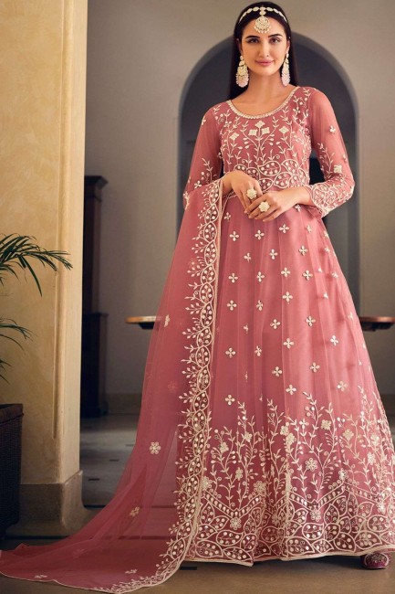 Pink Net Anarkali Suit with Embroidered