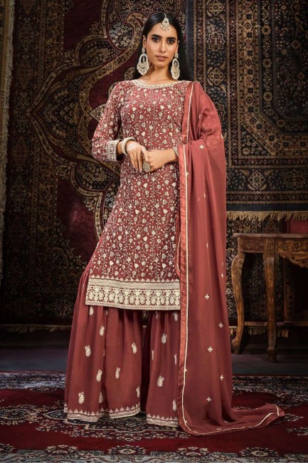 Brown Embroidered Sharara Suit in Georgette