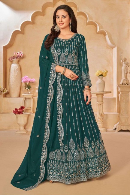 Faux georgette Anarkali Suit in Green with Embroidered