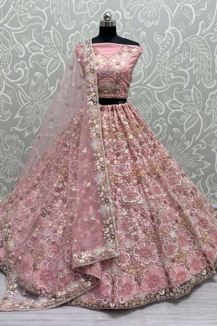 Net Pink Lehenga Choli With Embroidered