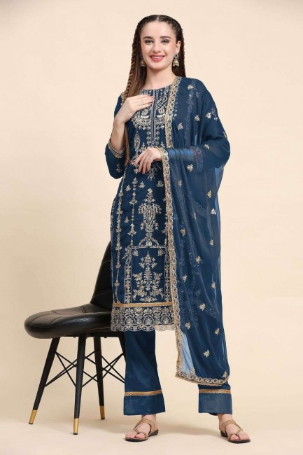 Blue Salwar Kameez in Faux georgette with Embroidered