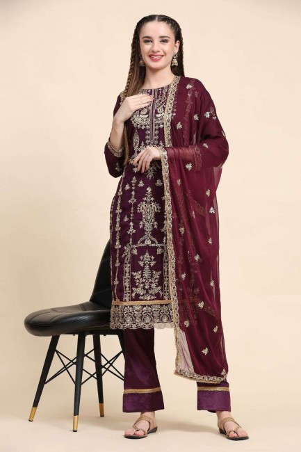 Purple Salwar Kameez in Embroidered Faux georgette