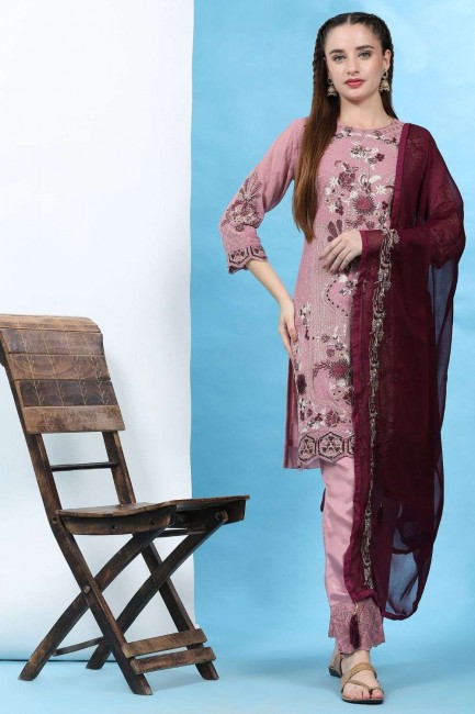 Embroidered Georgette Straight Pant Suit in Pink