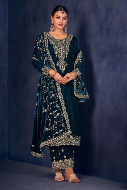 Rama green Embroidered Velvet Palazzo Suit