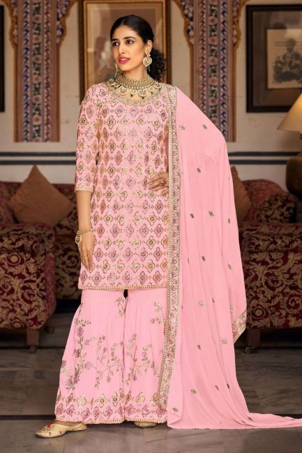 Embroidered Faux georgette Palazzo Suit in Pink with Dupatta