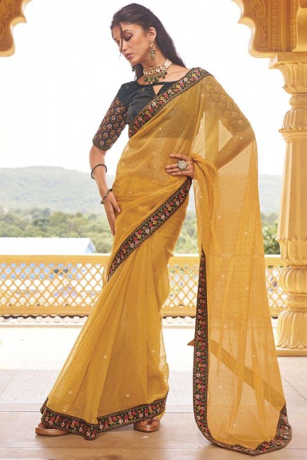 Yellow Saree with Embroidered Art silk