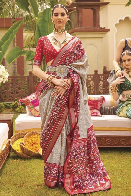 Off white Saree in Printed,weaving Silk