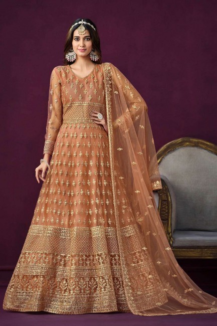 Anarkali Suit in Peach Net with Embroidered