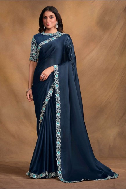 Satin georgette Navy blue  Saree in Sequins,thread,embroidered,stone with moti