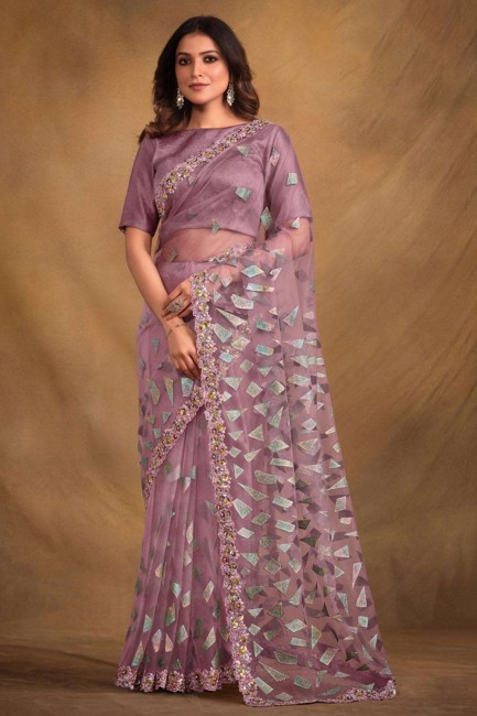Velvet Sequins,thread,embroidered,stone with moti Light purple  Saree with Blouse