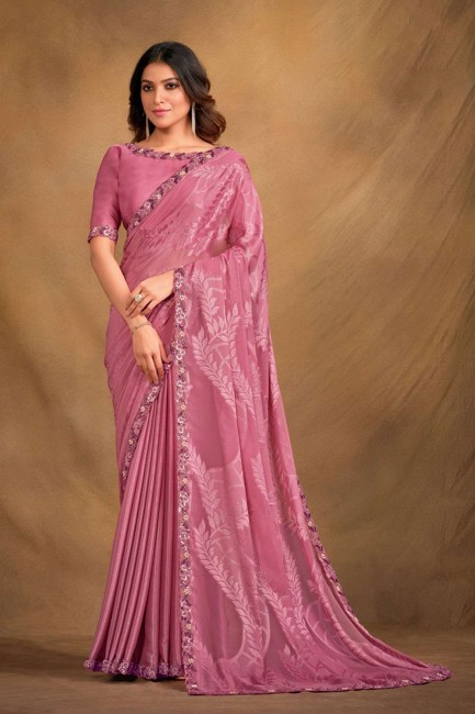 Stone,sequins,embroidered Saree in Pink Georgette