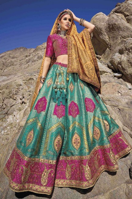 Turquoise  Lehenga Choli with Embroidered Banarasi silk