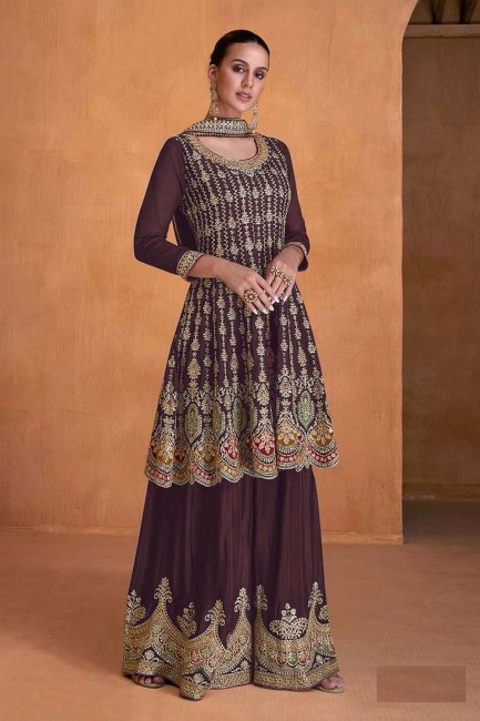 Wine  Eid Palazzo Suit with Embroidered Georgette
