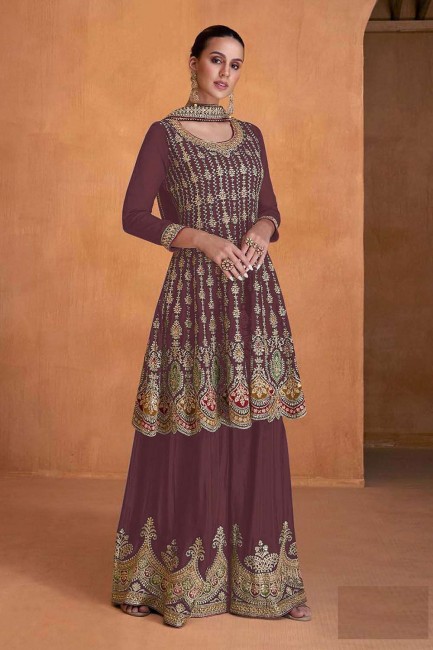 Embroidered Eid Palazzo Suit in Purple Georgette