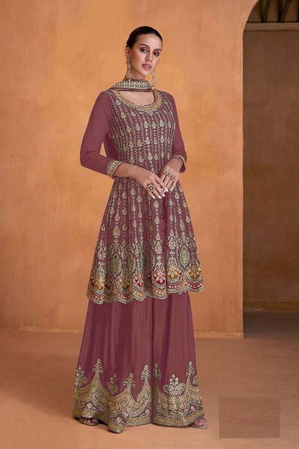 Mauve  Eid Palazzo Suit in Embroidered Georgette