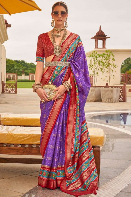 Silk Saree with Printed,weaving in Purple
