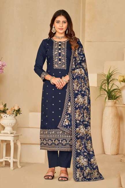 Blue Printed Salwar Kameez in Silk