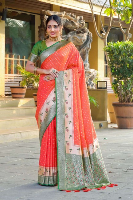 Zari,thread,weaving Banarasi silk Saree in Orange with Blouse
