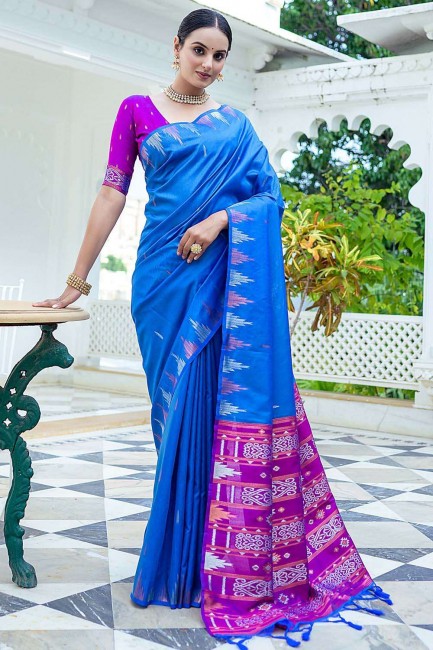 Tussar silk Blue Saree Zari,weaving