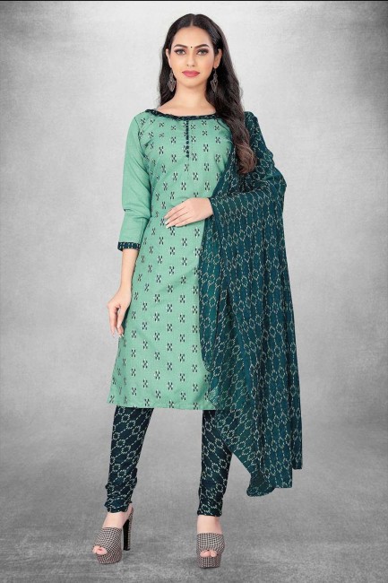 Green Salwar Kameez in Cotton with Digital print